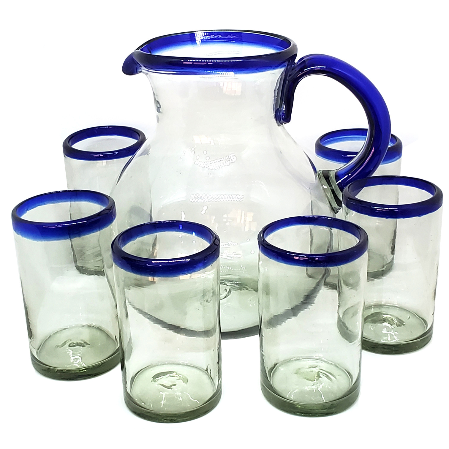 VIDRIO SOPLADO / Juego de jarra y 6 vasos grandes con borde azul cobalto, 120 oz, Vidrio Reciclado, Libre de Plomo y Toxinas